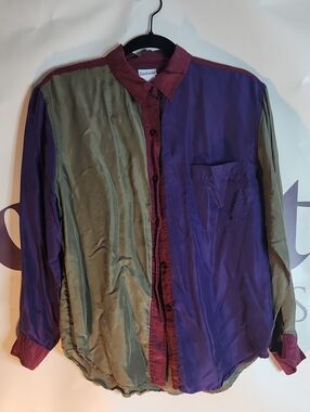 100% Silk Purple & Olive Men's Button-Up Shirt